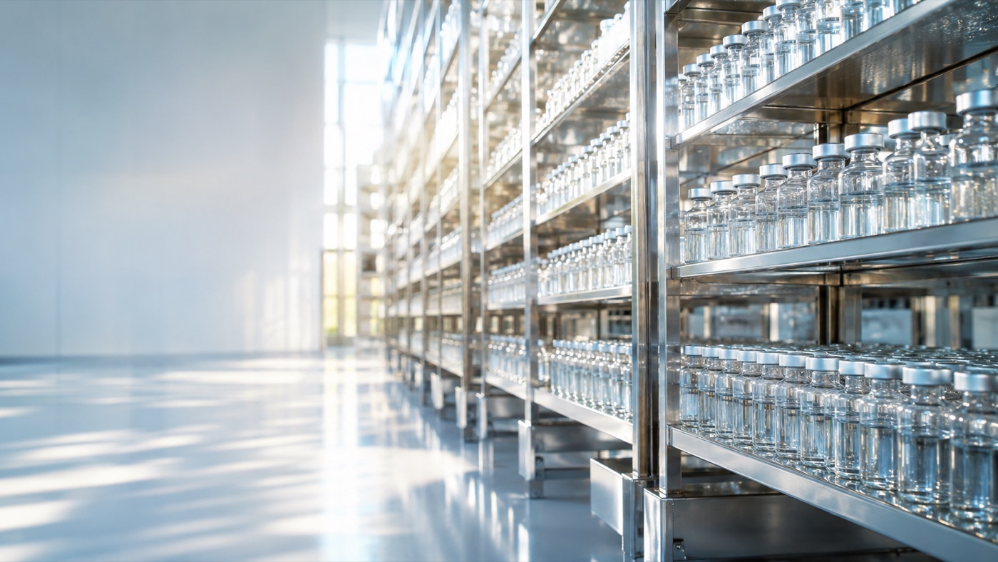 Rows of lyophilised research peptide vials under bright laboratory light